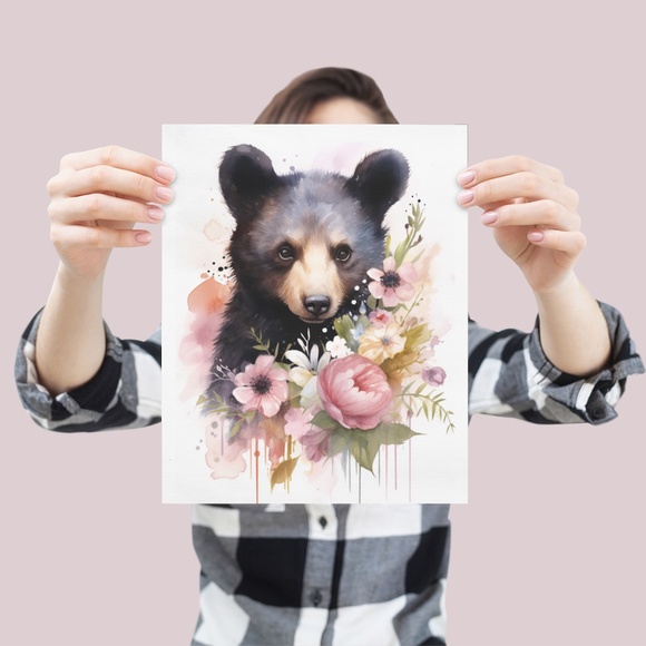 Watercolor Floral Black Bear Portrait Wall Art Illustration Print Unframed - Picture 4 of 5